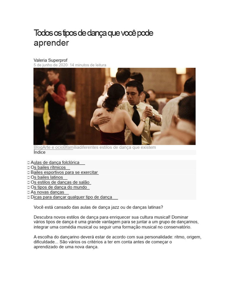 Tipos de Dança para Aprender | PDF | Danças | Dança de salão
