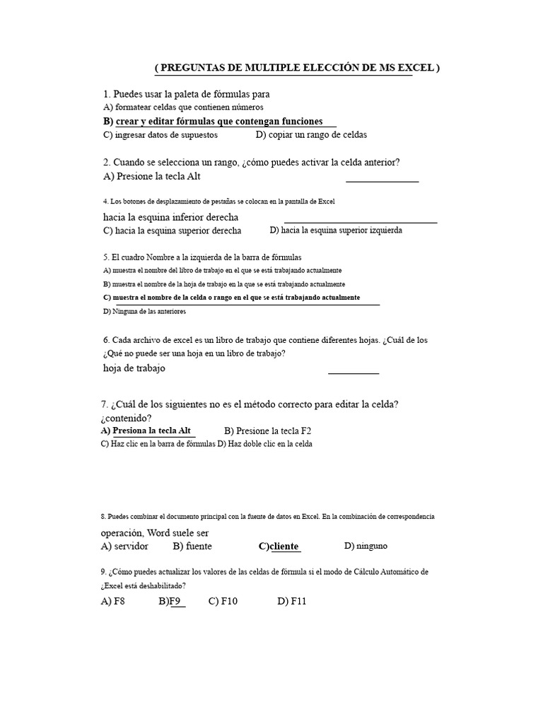Preguntas de opción múltiple sobre MS Excel | PDF | Microsoft Excel ...