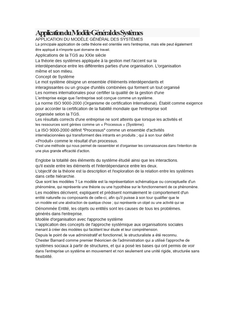 Applications du Modèle Général des Systèmes | PDF | Mathématiques ...
