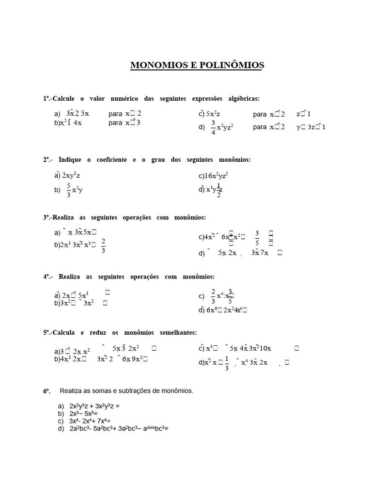 Exercícios de Monômios e Polinômios | PDF | Matemática aplicada ...