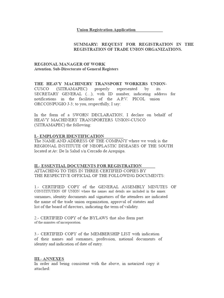 Heavy Machinery Union Registration Request | PDF | Legal Documents ...