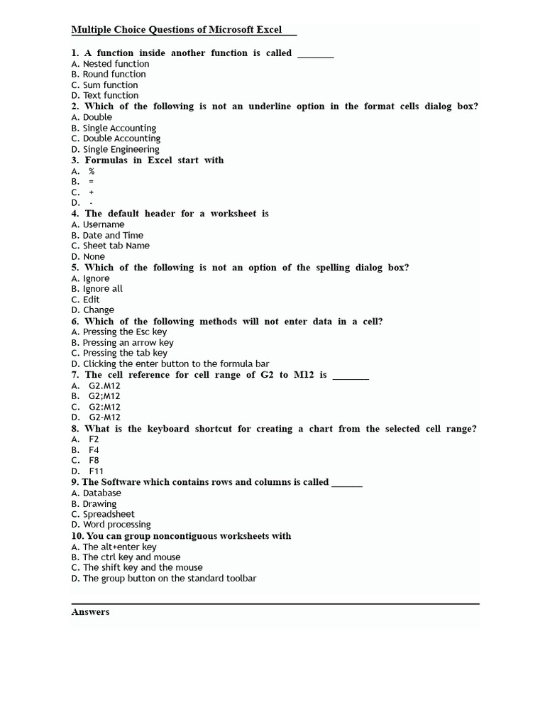 Excel Multiple Choice Questions Guide | PDF | Microsoft Excel | Spreadsheet
