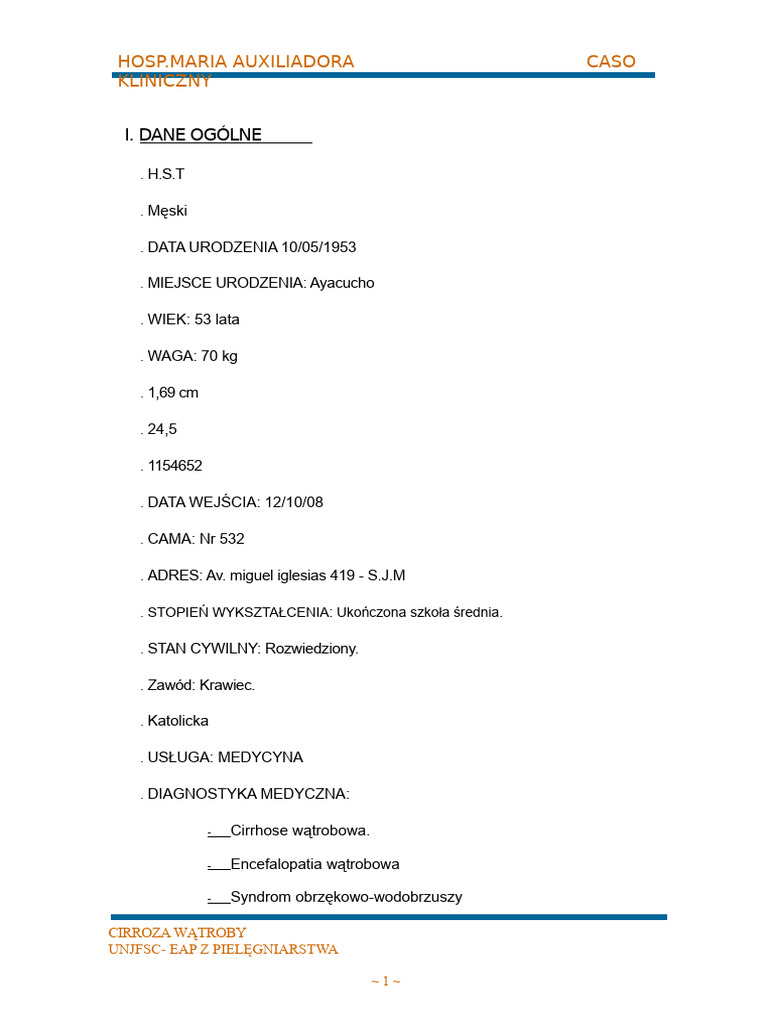 Przypadek Kliniczny - Marskość Wątroby, Etap Oceny I Diagnozy | PDF