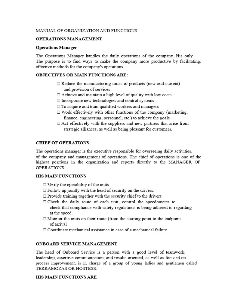 Operations Management Roles and Functions | PDF | Vehicles | Electrician