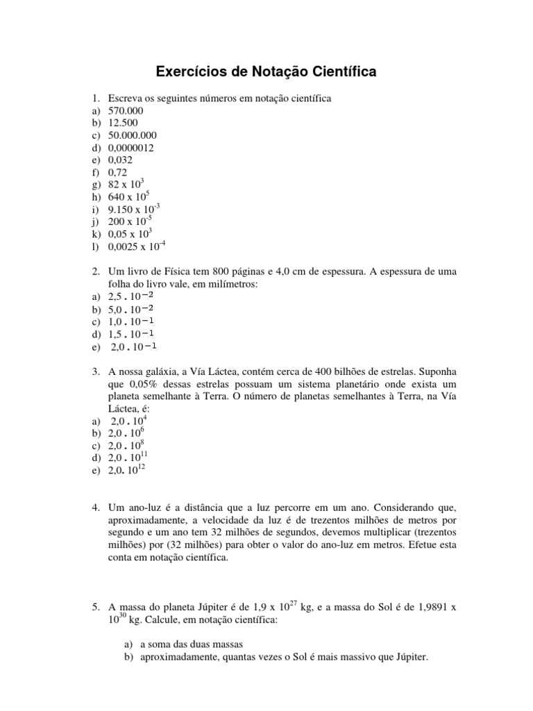 Exercícios de Notação Científica 9º Ano | PDF | Sol | Via Láctea