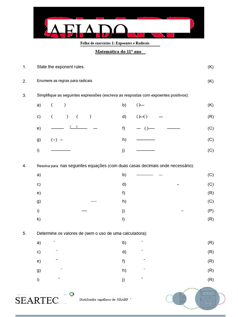 Folha de Exercícios 1 Expoentes 11 Série Matemática | PDF | Matemática