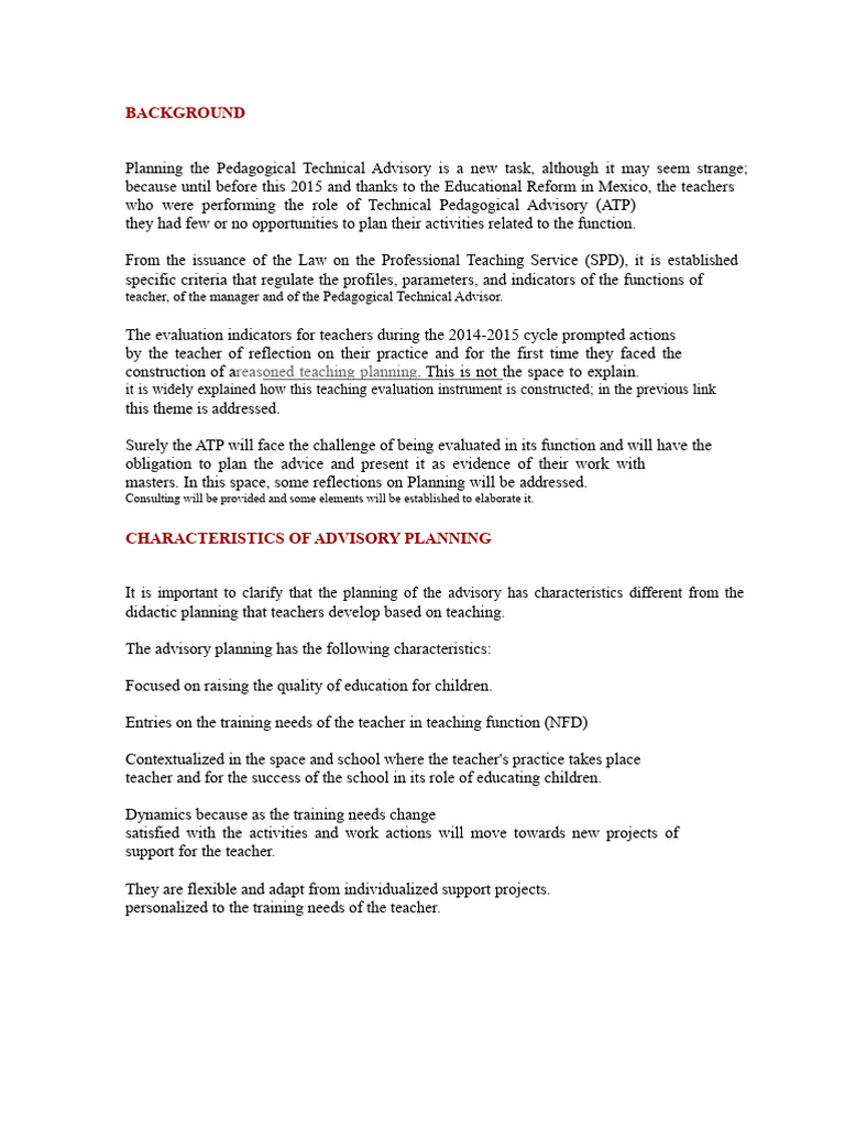 Pedagogical Technical Advisory Planning | PDF | Teachers | Pedagogy