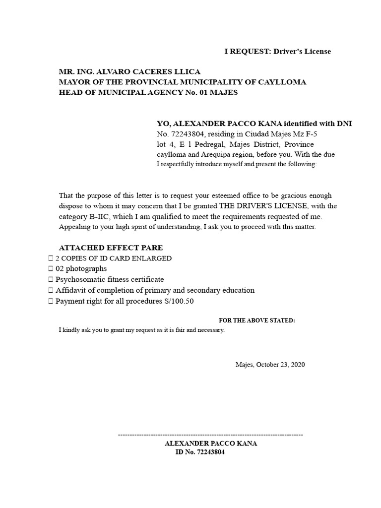 Driver's License Request by Alexander Pacco | PDF