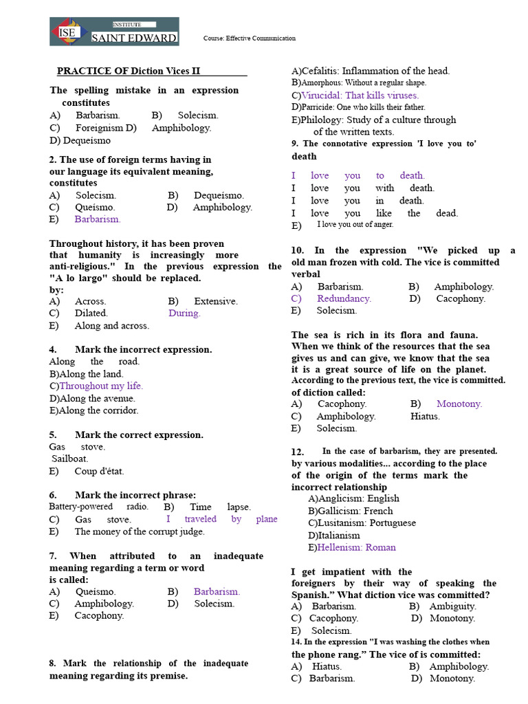 Practice of Diction Vices II | PDF | Grammar | Language Mechanics