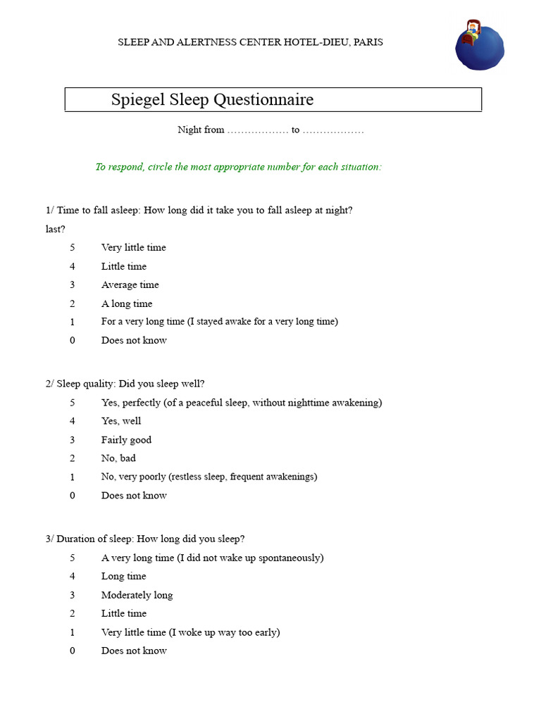 Spiegel Sleep Questionnaire Overview | PDF