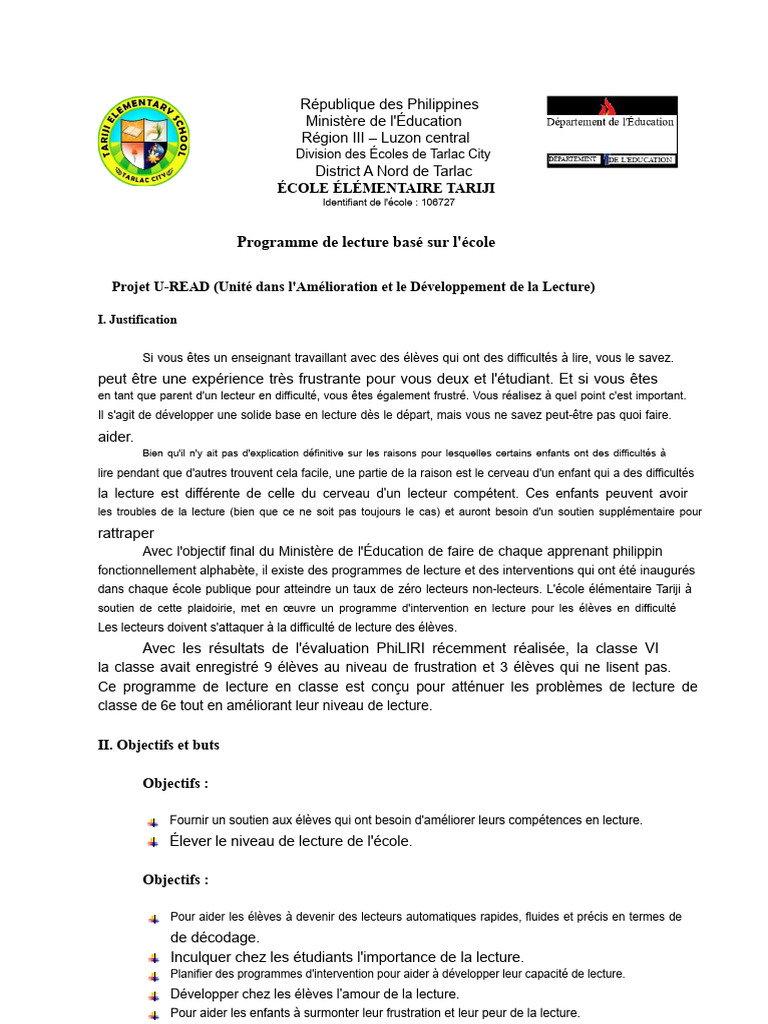 Programme U-READ pour l'amélioration de la lecture | PDF | Apprentissage