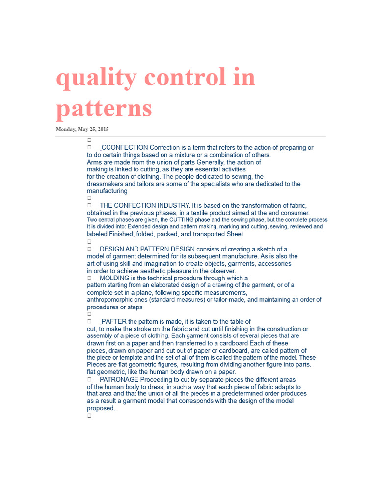 Quality Control in Garment Patterning | PDF | Sewing | Clothing