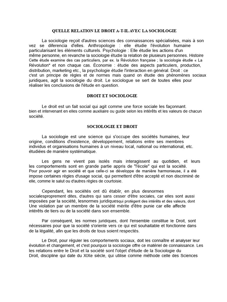 Quelle Relation Le Droit A-T-Il Avec La Sociologie | PDF | Sociologie ...