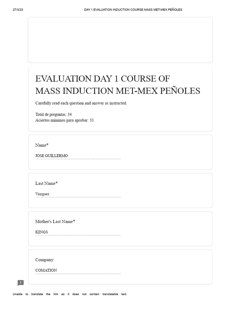 Evaluation Day 1 Mass Met-Mex Peñoles Induction Course | PDF | Personal ...