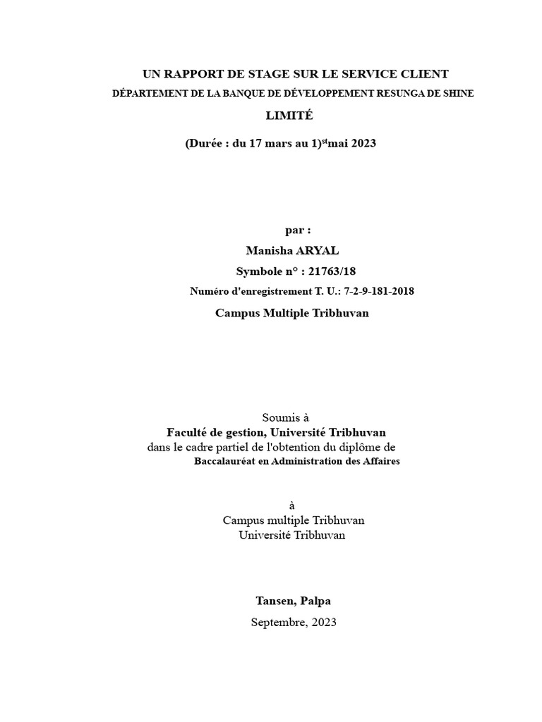 Rapport de stage : Service client BDB Resunga | PDF | Banques | Argent