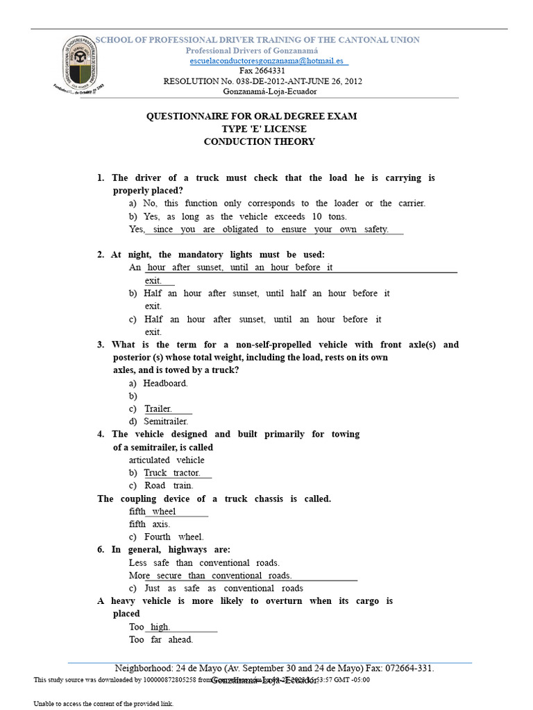 Driver Training Questionnaire for License E | PDF | Truck | Driving