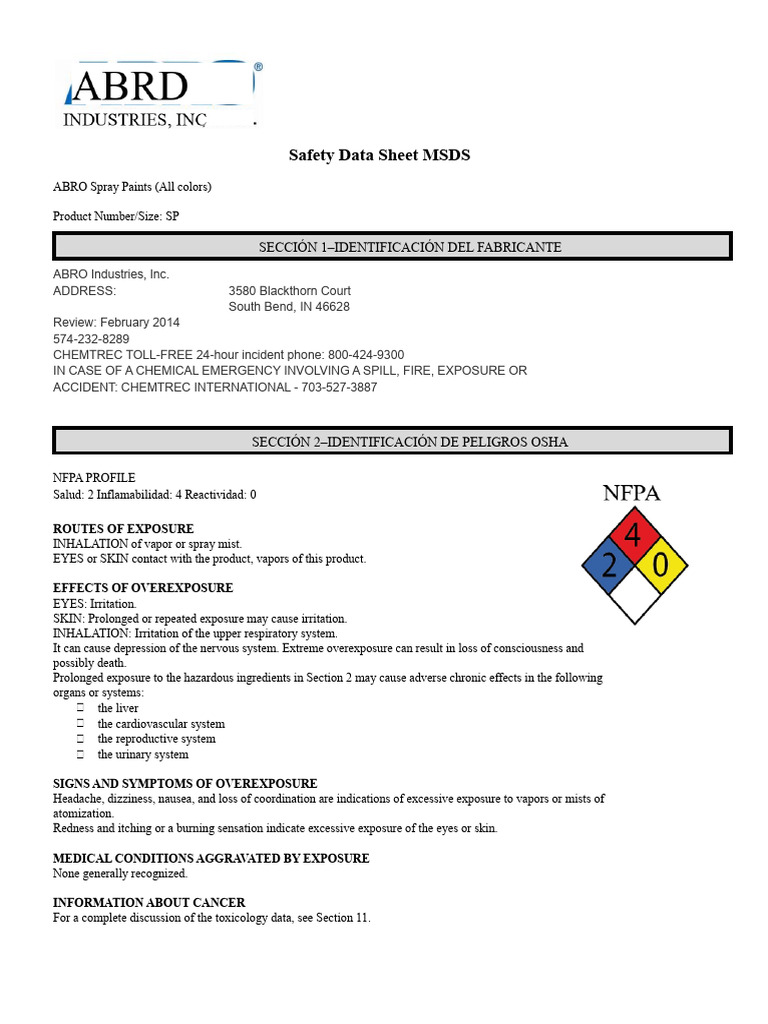 ABRO Spray Paints Safety Data Sheet | PDF | Occupational Safety And Health