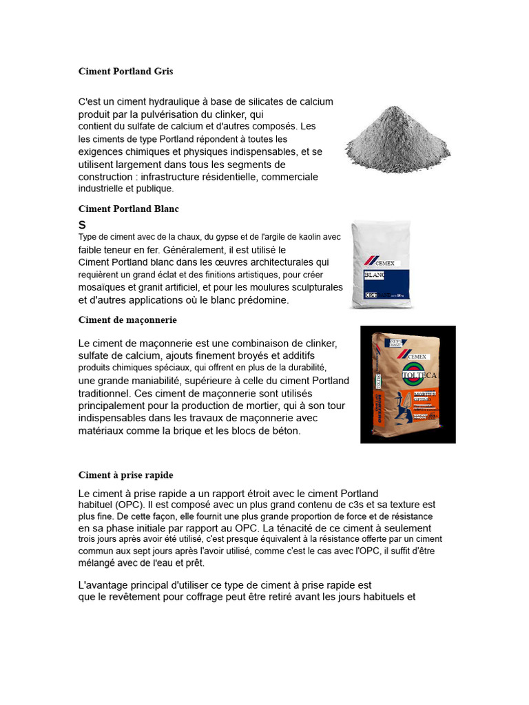 Types de Ciment et Applications | PDF | Ciment | Mortier (matériau)