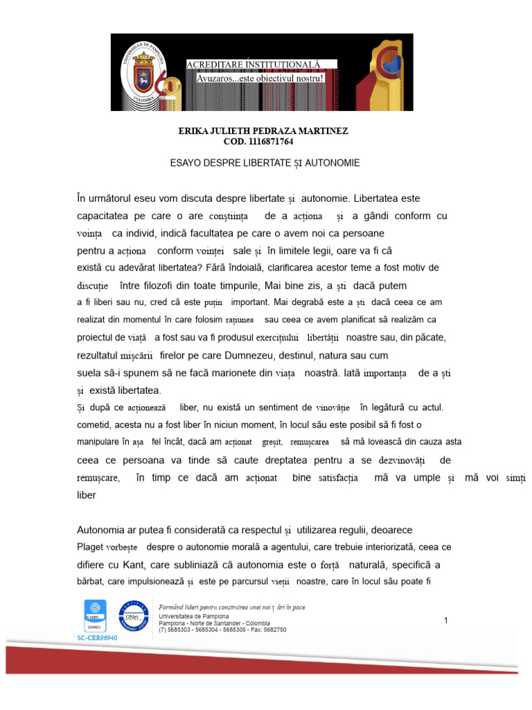 Eseu Despre Libertate Și Autonomie | PDF