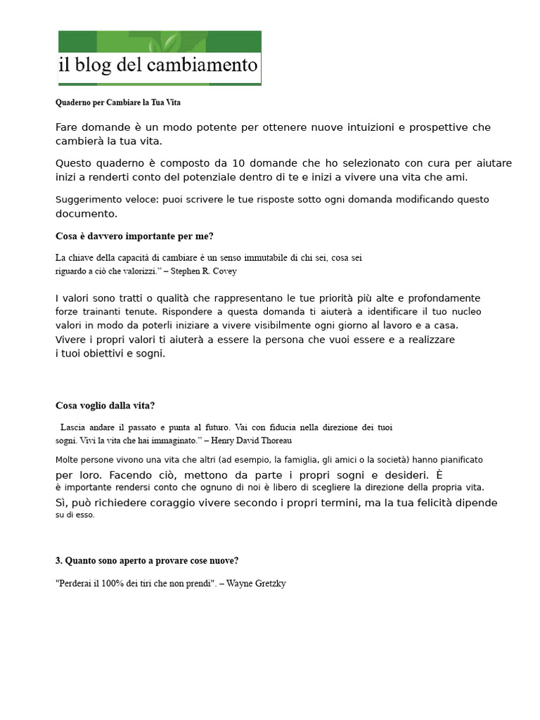 Workbook Per Cambiare La Tua Vita | PDF