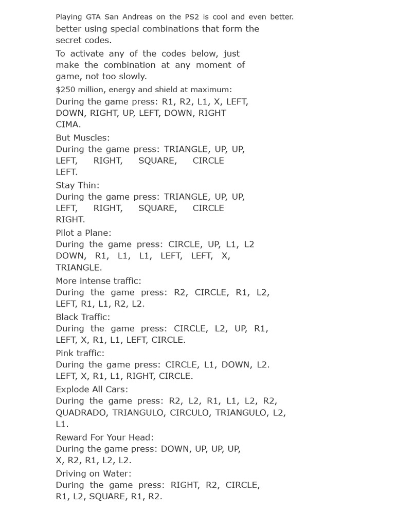 GTA San Andreas Cheat Codes Guide | PDF | Projectile Weapons
