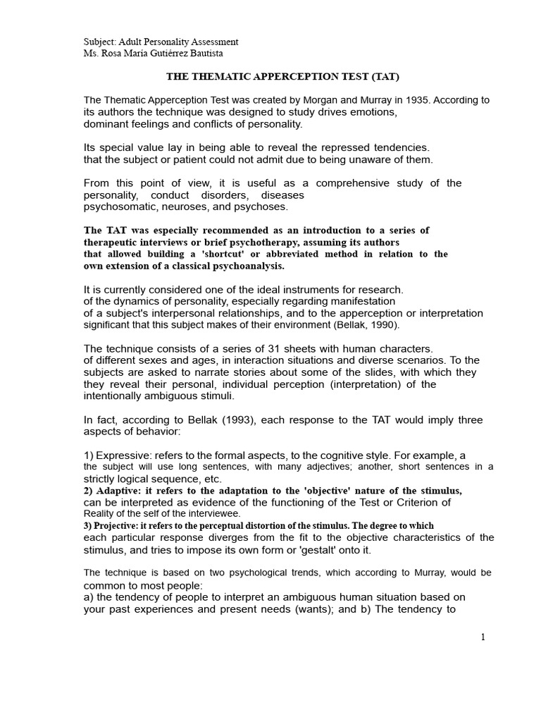 Thematic Apperception Test Overview | PDF | Psychotherapy | Perception