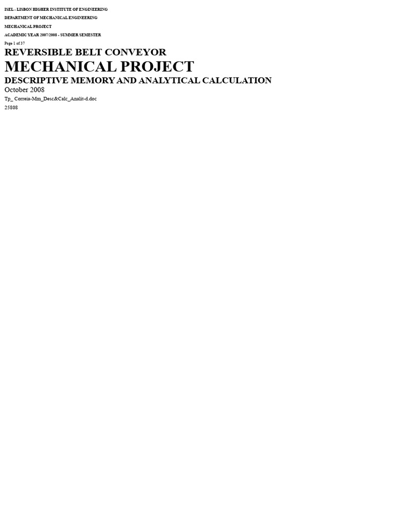 Reversible Belt Conveyor Project Analysis | PDF | Mechanical Engineering