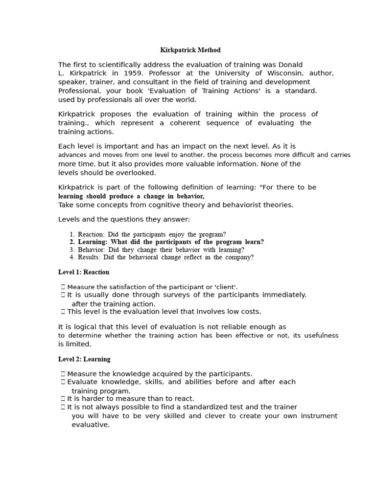 Kirkpatrick Training Evaluation Model | PDF | Learning | Cognitive Science