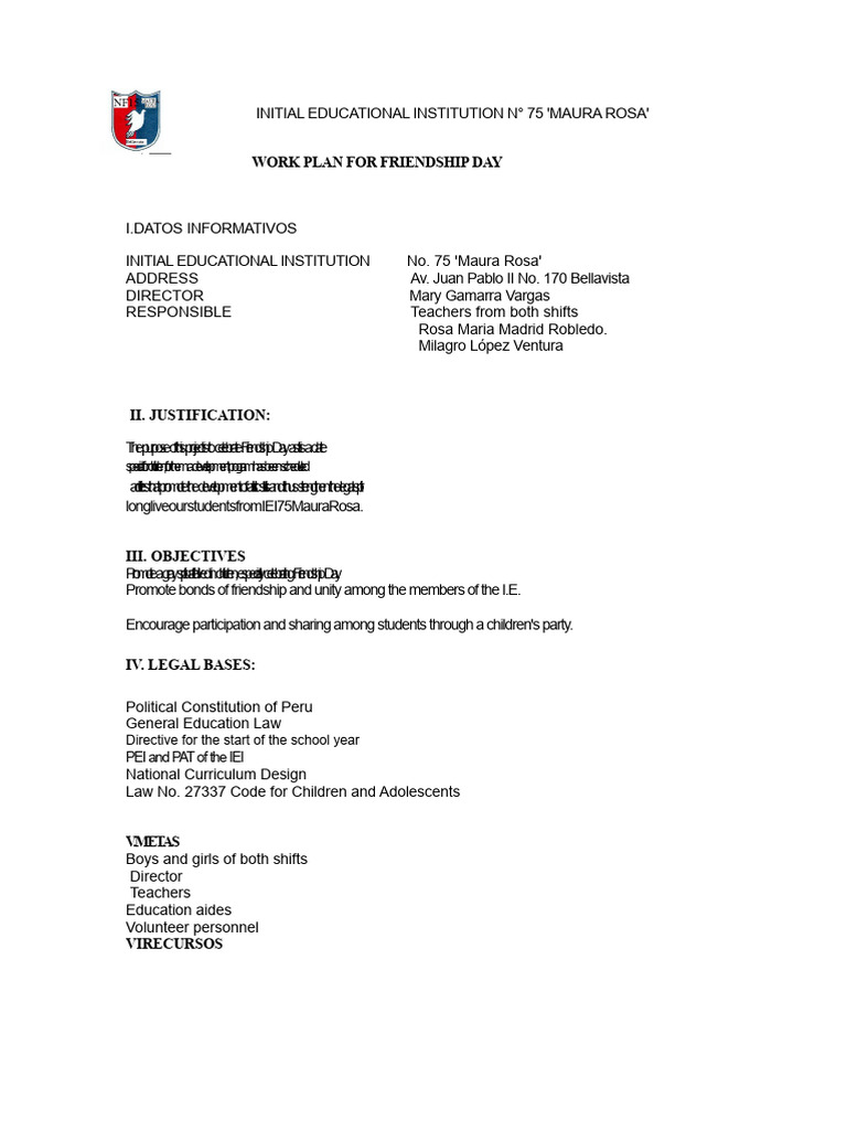 Work Plan For Friendship Day | PDF | Youth | Learning