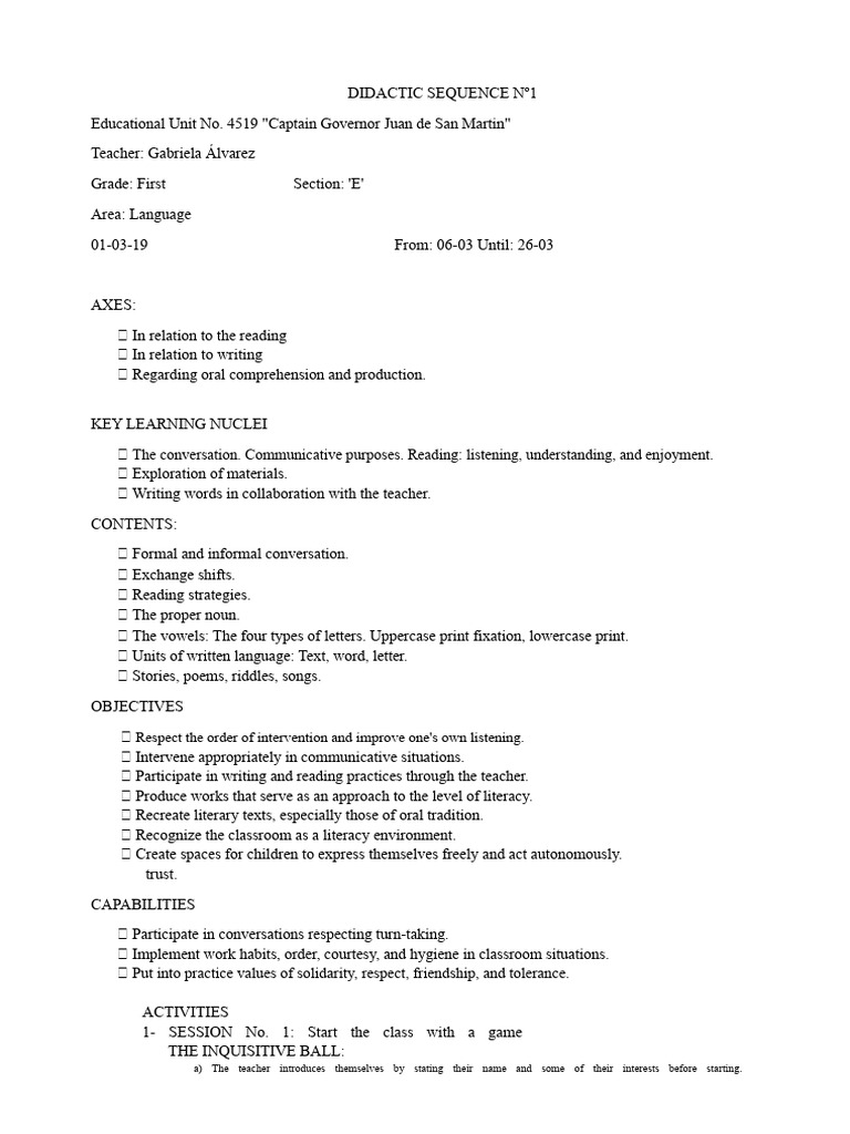 Didactic Sequence No. 1 | PDF | Literacy | Learning