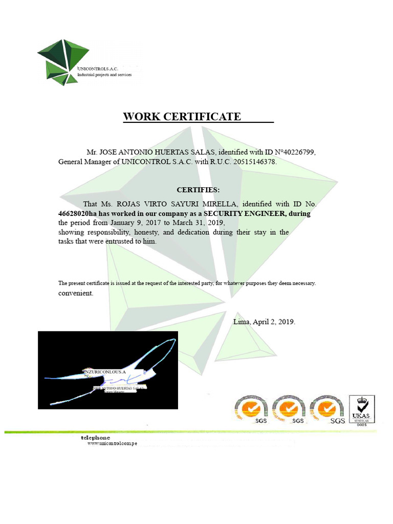 Work Certificate for Security Engineer | PDF