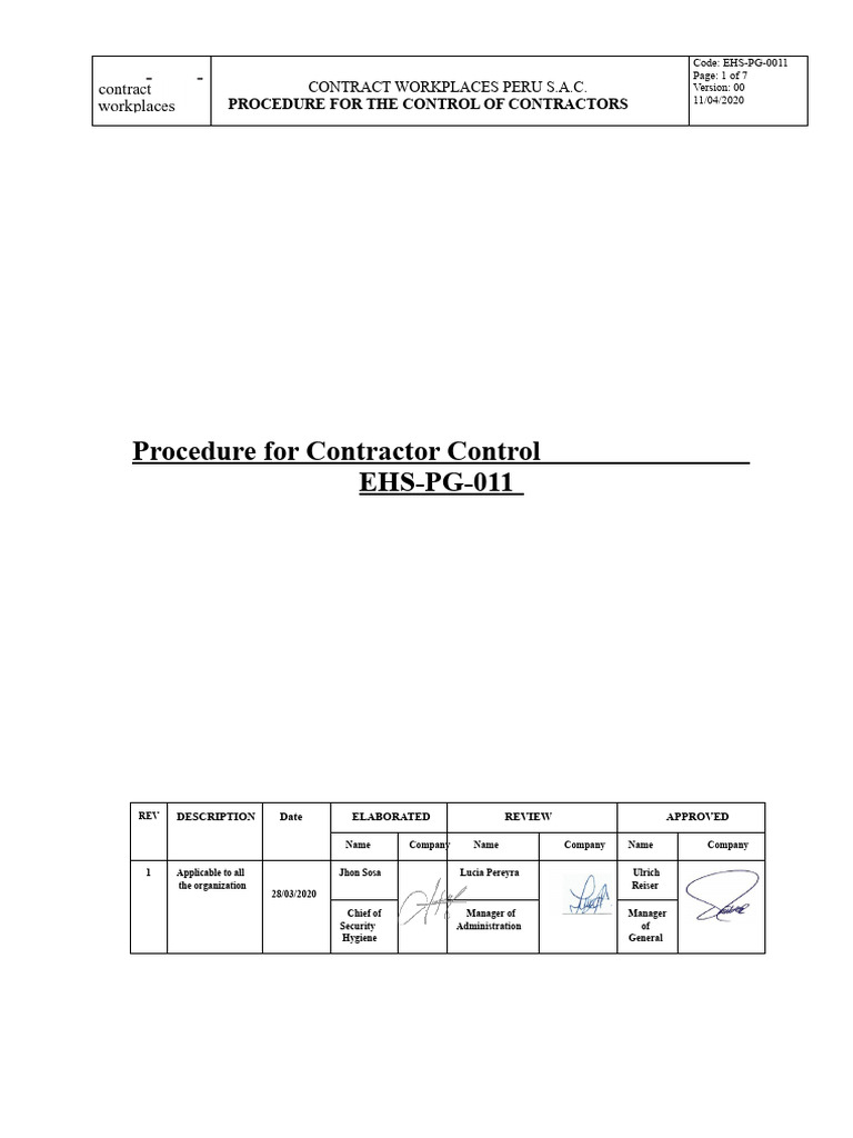 Contractor Control Procedure Overview | PDF | Occupational Safety And ...