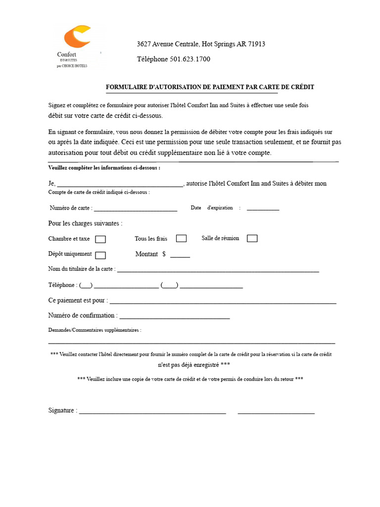 Formulaire d'autorisation de paiement hôtel | PDF