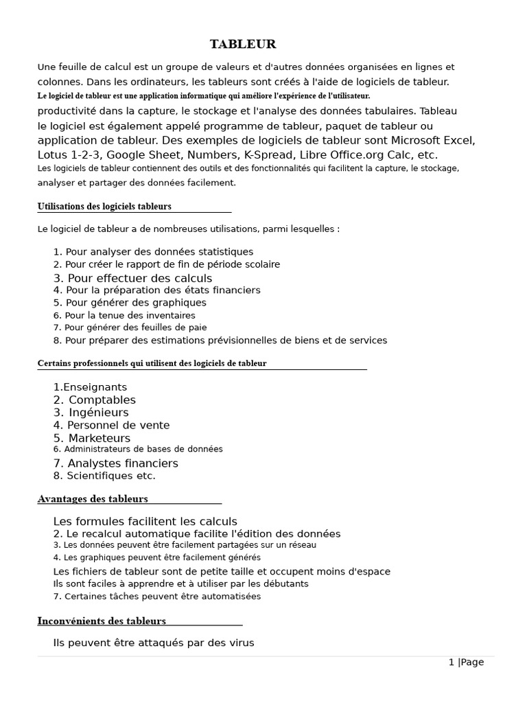 Notes de Tableau Pour Le SHS | PDF | Feuille de calcul | Microsoft Excel