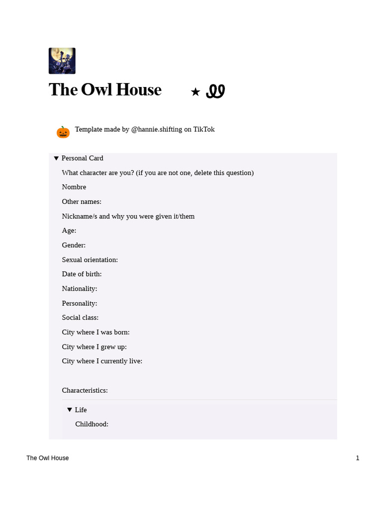 Owl House Character Template | PDF | Behavioural Sciences