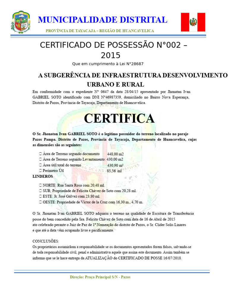 Certificados de Posse e Conformidade em Pazos | PDF