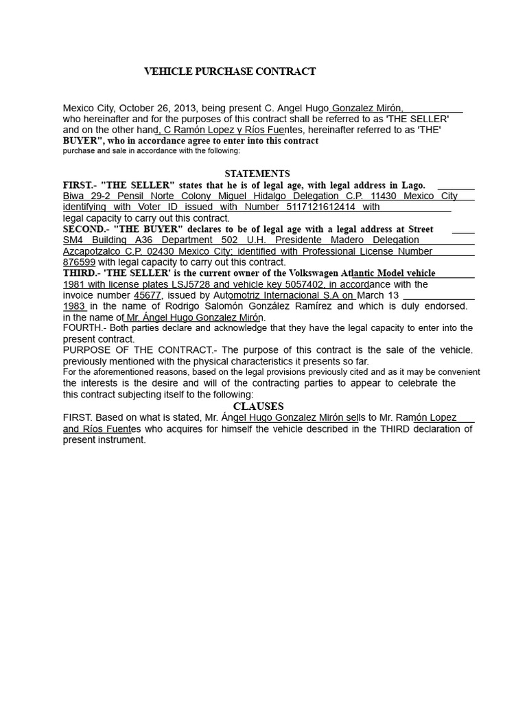 Vehicle Purchase Contract Template | PDF | Receipt | Payments