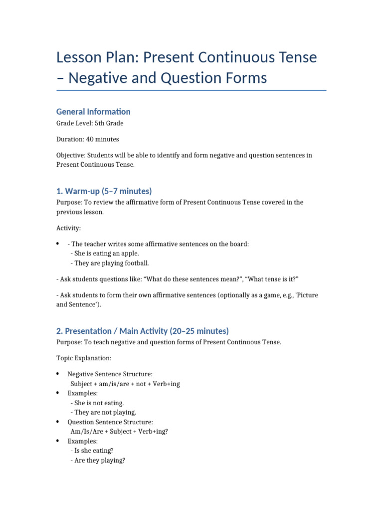 Present Continuous Tense Lesson Plan | PDF