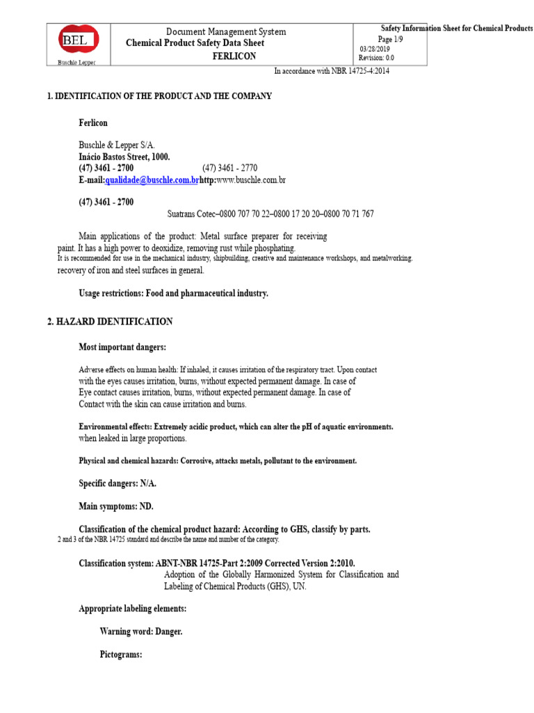 Ferlicon Chemical Safety Data Sheet | PDF | Safety | Occupational ...