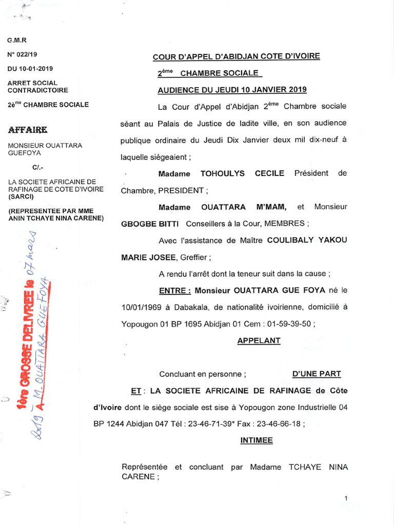 Arrêt Ouattara Guefoya Vs SARCI SA | PDF