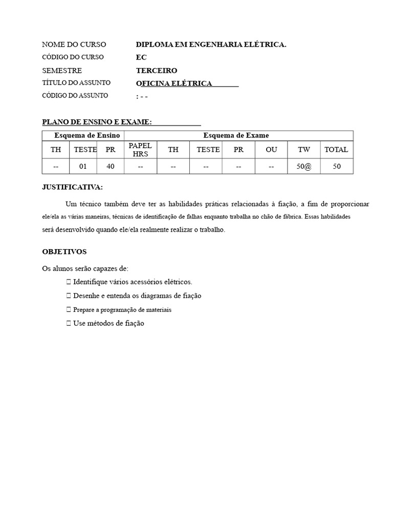 Oficina Elétrica: Plano de Ensino e Exame | PDF | Engenharia | Eletricidade