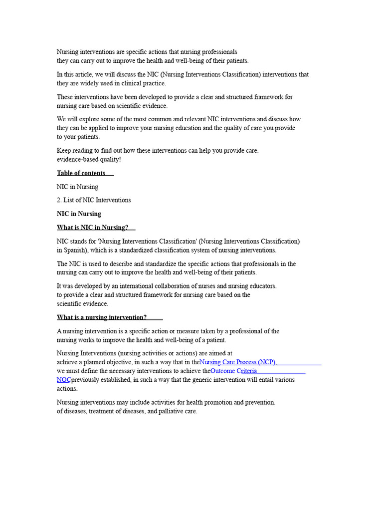 Essential NIC Nursing Interventions Guide | PDF | Nursing | Medical ...