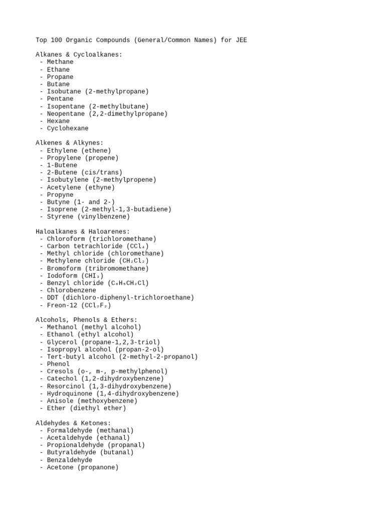 Top 100 Organic Compounds for JEE | PDF | Ether | Ethanol