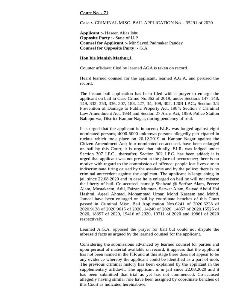 Bail Granted to Haseen Alias Ishu | PDF | Bail | Criminal Law