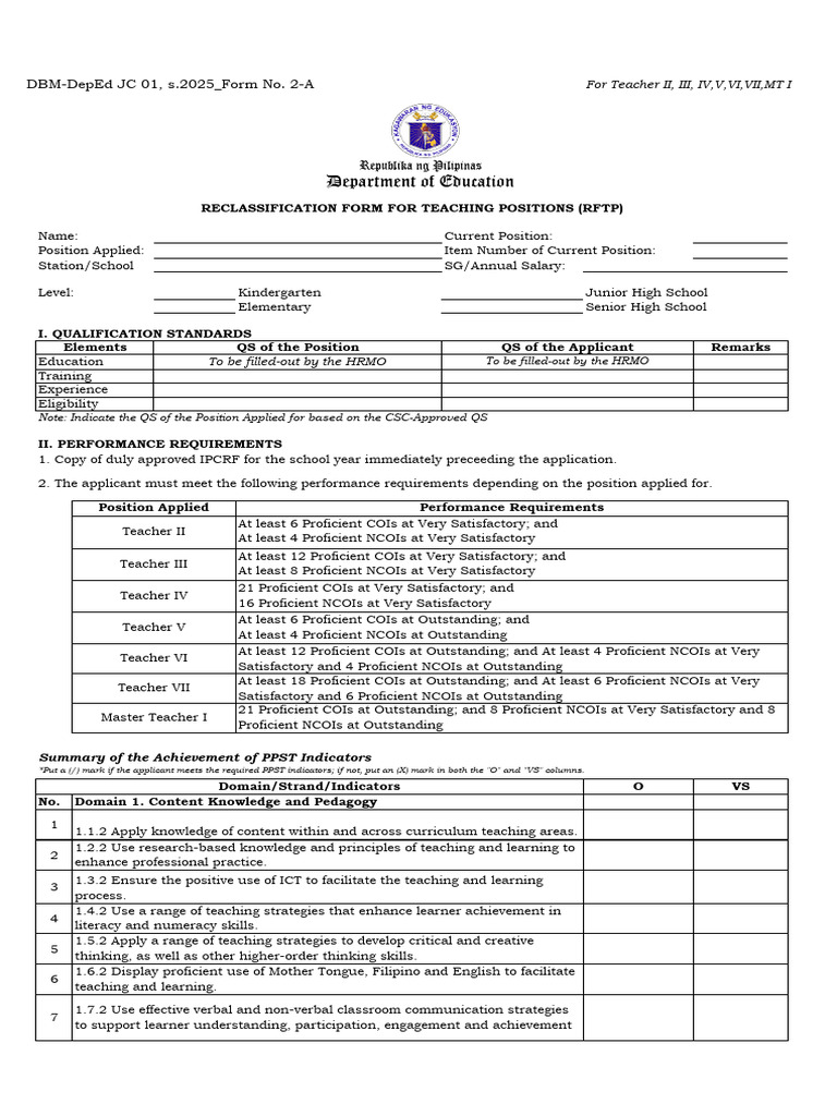 RFTP Reclassification Form for Teachers | PDF | Learning | Educational ...