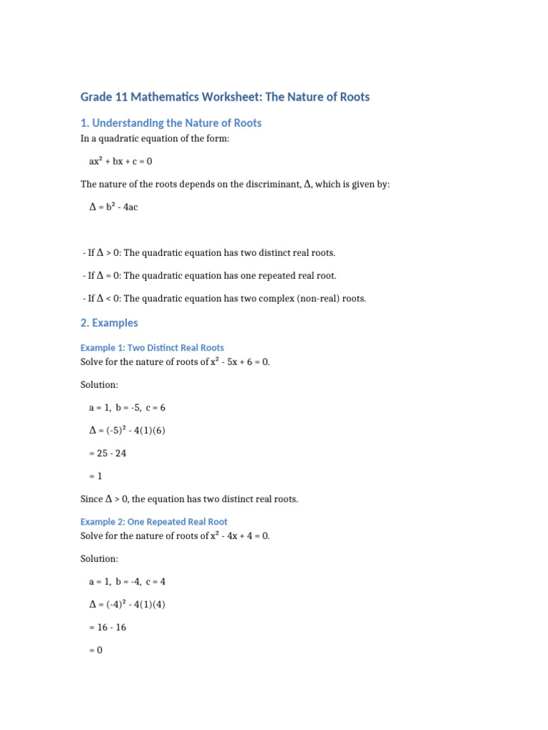Nature of Roots in Quadratics Worksheet | PDF