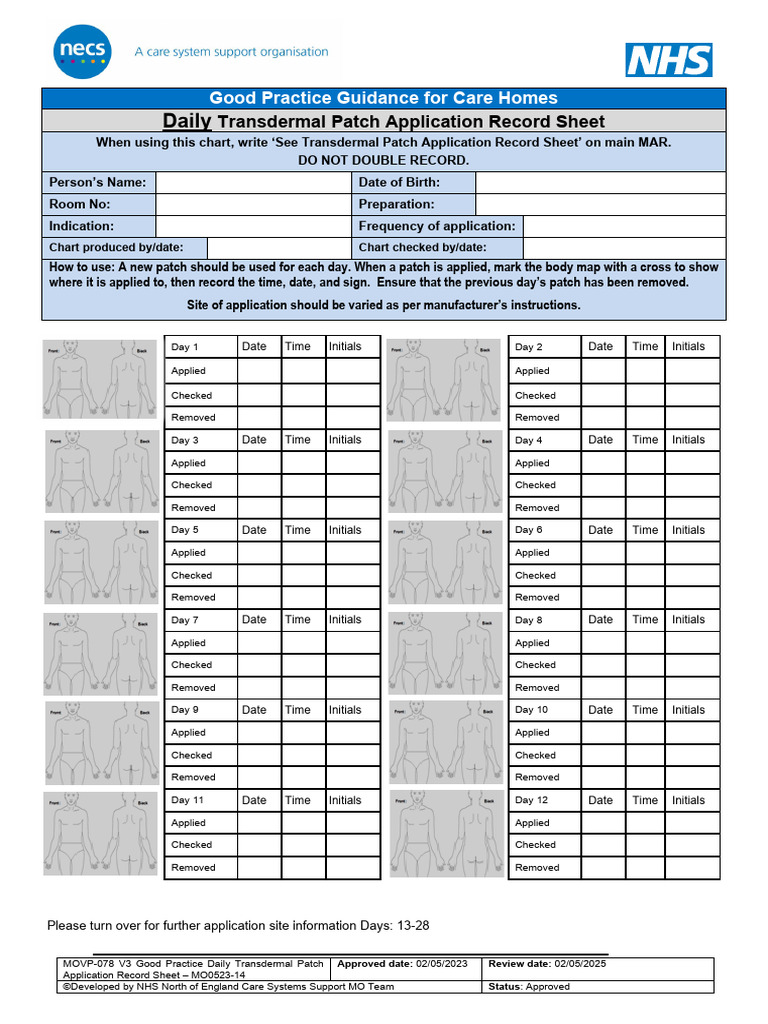 Daily Transdermal Patch Record Sheet | PDF