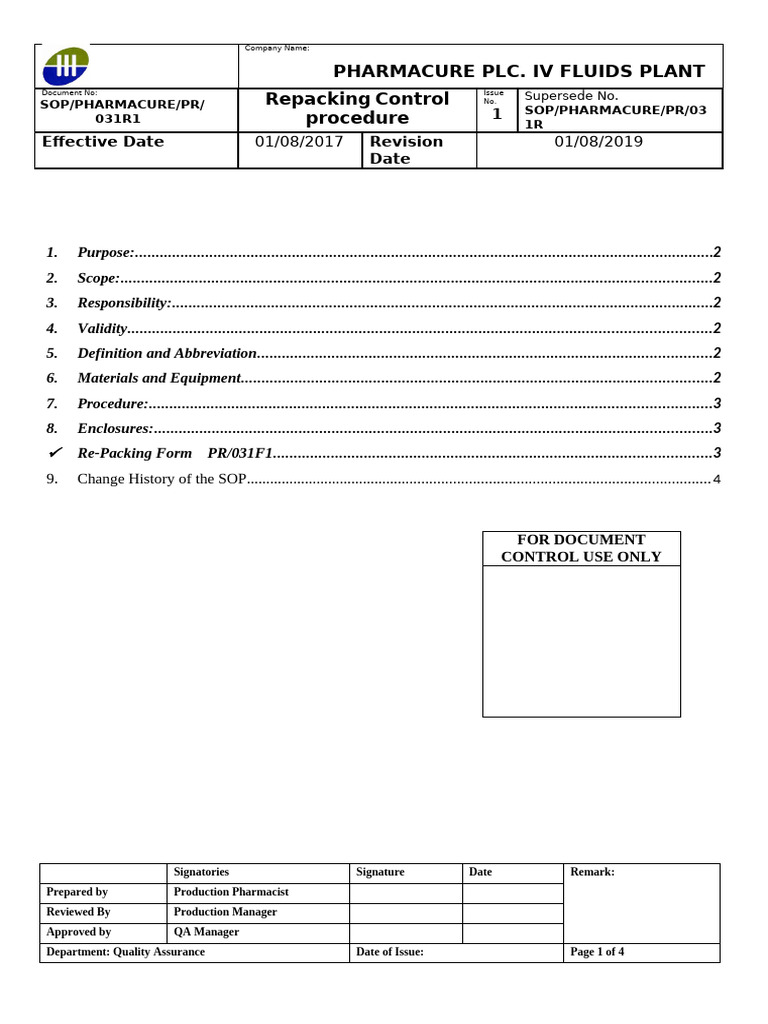PR031 Repacking Control Procedure | PDF