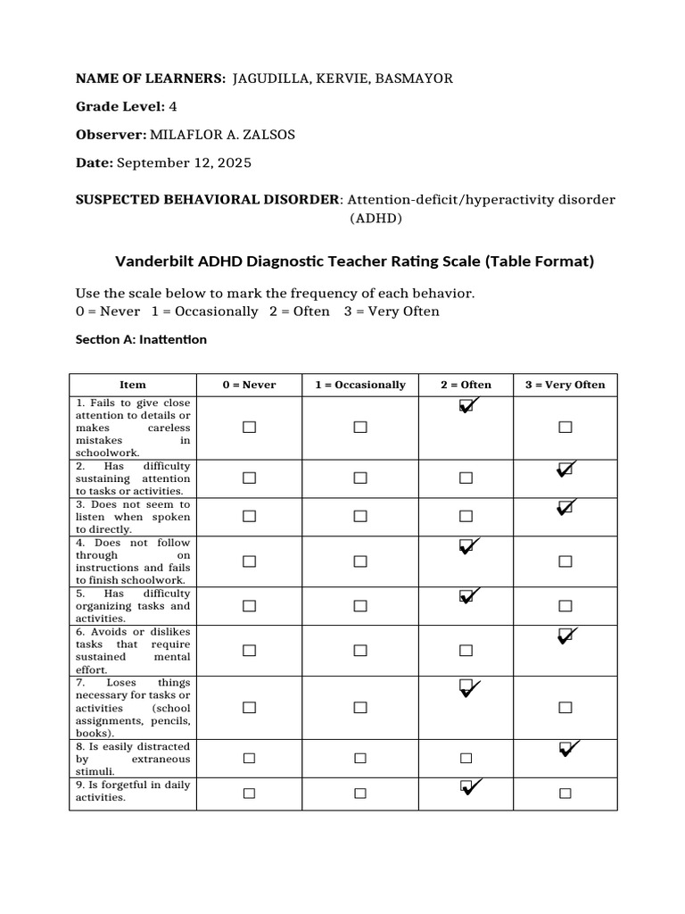 Vanderbilt ADHD Teacher Checklist | PDF | Attention Deficit ...