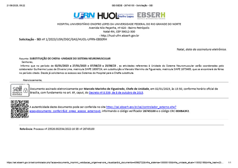 Substituição de Chefia no HUOL-UFRN | PDF